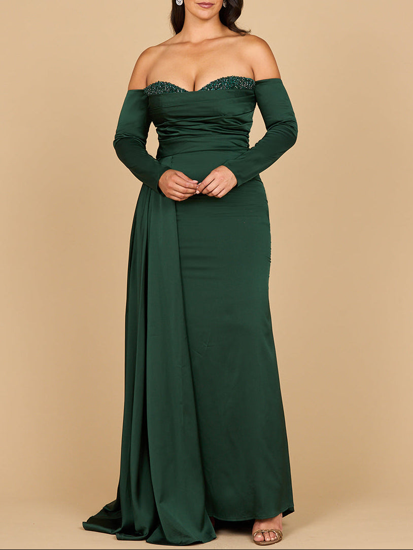 Lara 28936 - Off Shoulder Satin Dress with Beaded Details - JUSTLUXURY