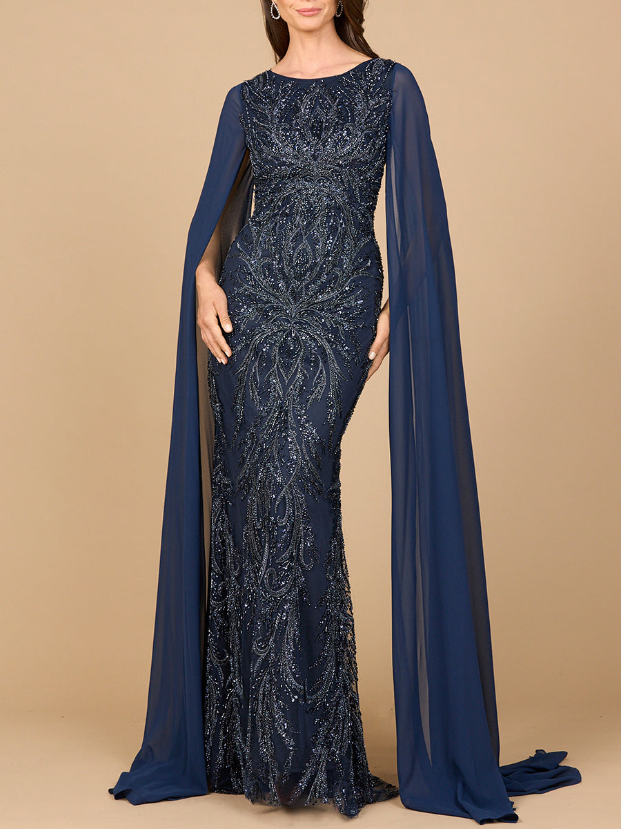 High Neck Gown with Chiffon Cape Sleeves - JUSTLUXURY