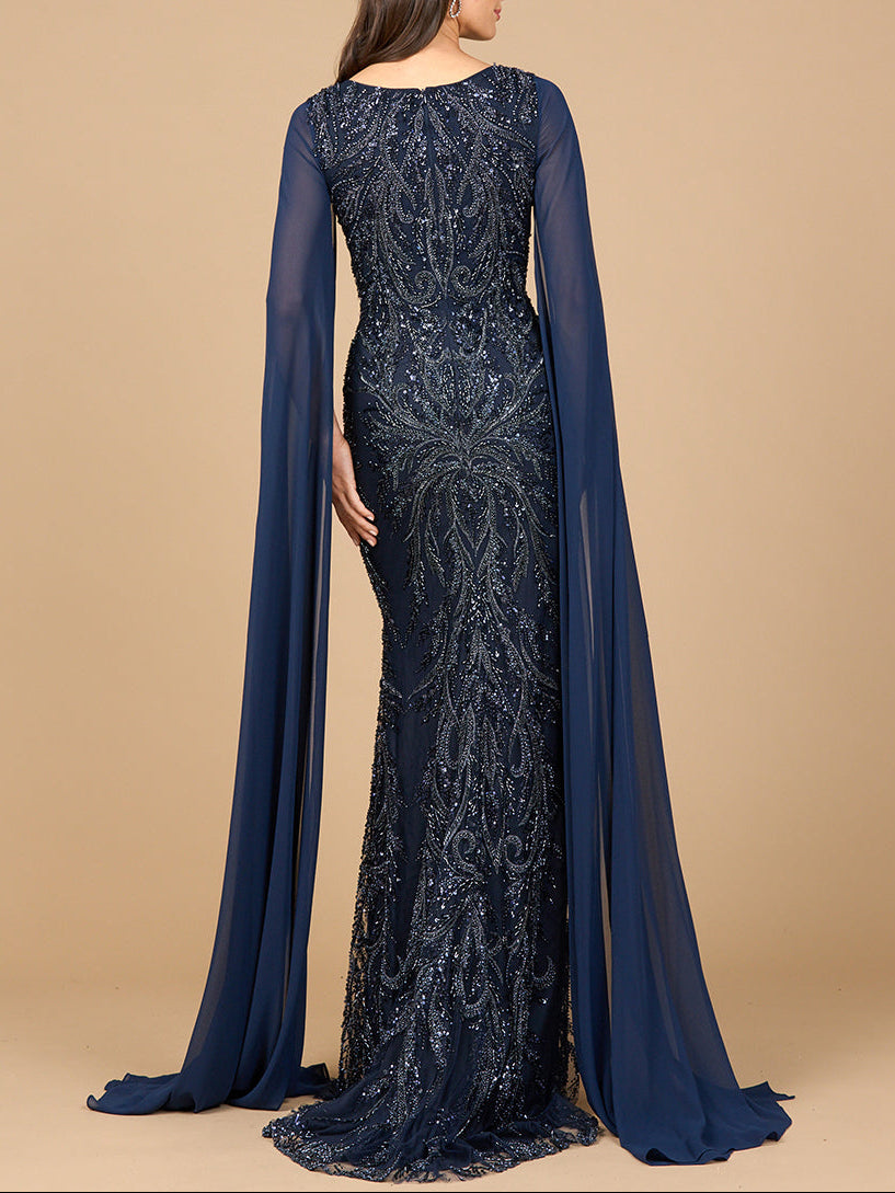 High Neck Gown with Chiffon Cape Sleeves - JUSTLUXURY