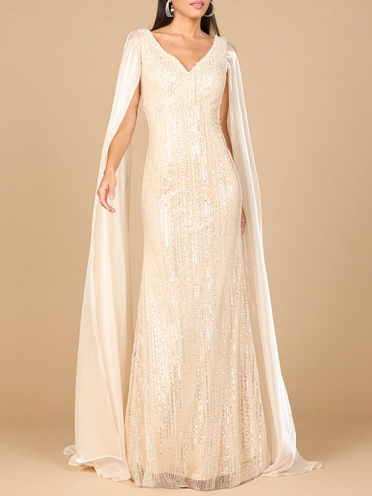Beaded Gown with Satin Cape Sleeves - JUSTLUXURY