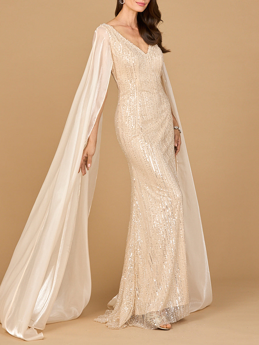 Beaded Gown with Satin Cape Sleeves - JUSTLUXURY