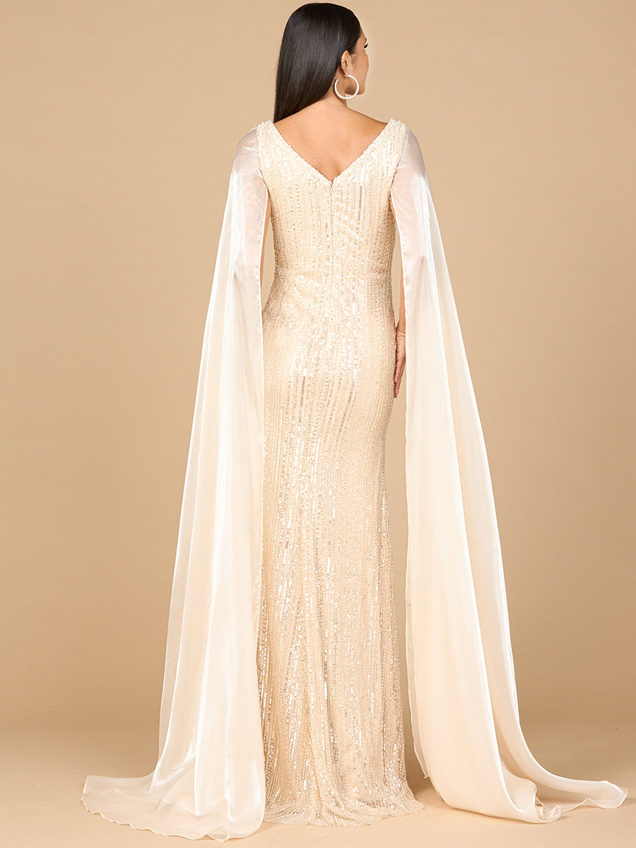 Beaded Gown with Satin Cape Sleeves - JUSTLUXURY