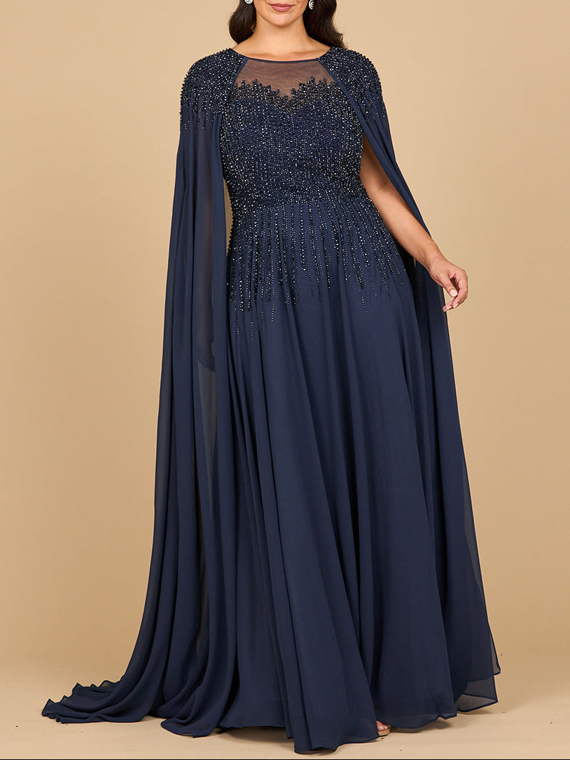 Lara 28943- Chiffon A-line Long Gown with Long Cape Sleeves - JUSTLUXURY