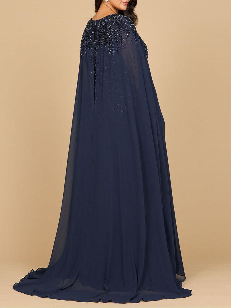 Lara 28943- Chiffon A-line Long Gown with Long Cape Sleeves - JUSTLUXURY