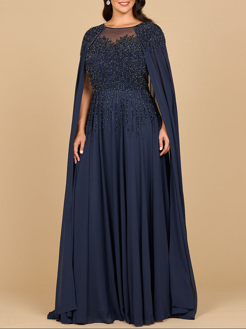 Lara 28943- Chiffon A-line Long Gown with Long Cape Sleeves - JUSTLUXURY