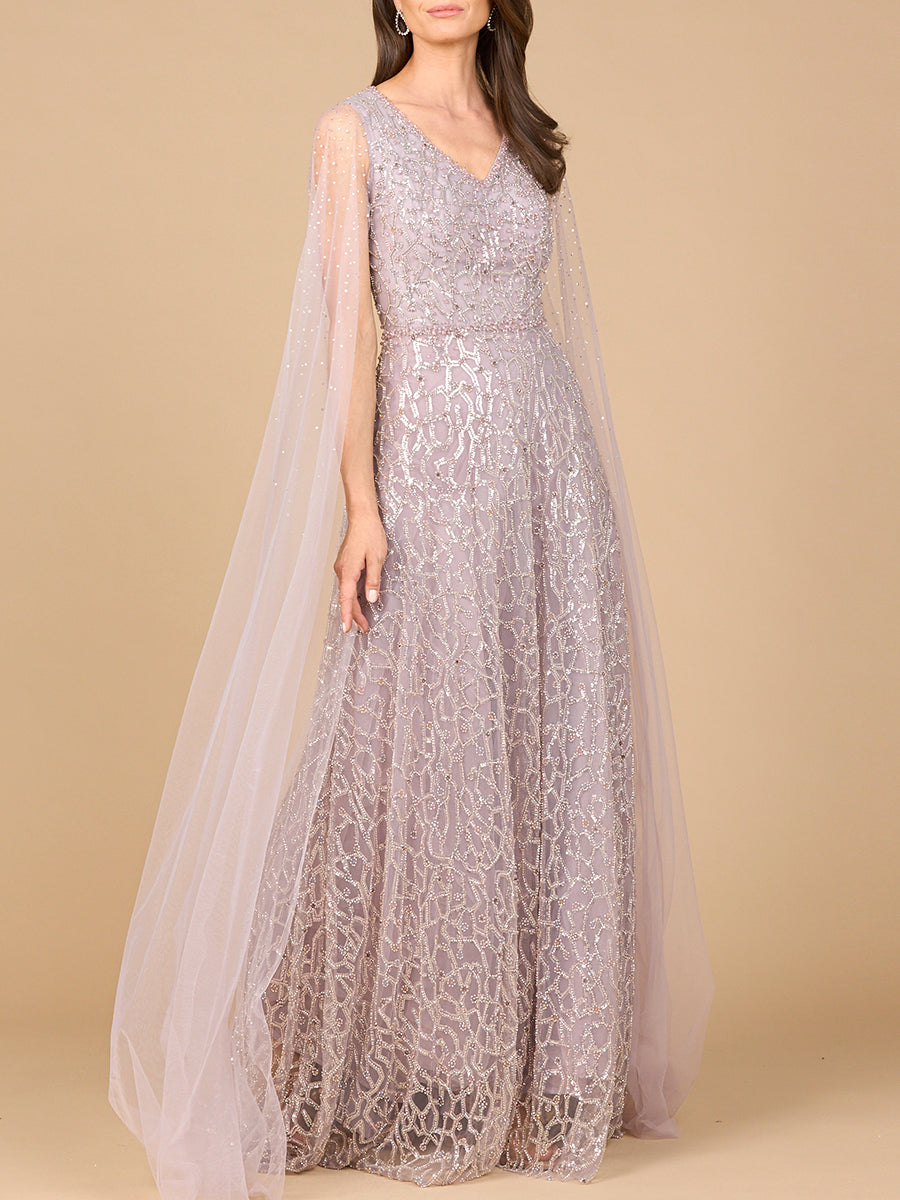Beaded Lace Gown with Cape Sleeves - JUSTLUXURY