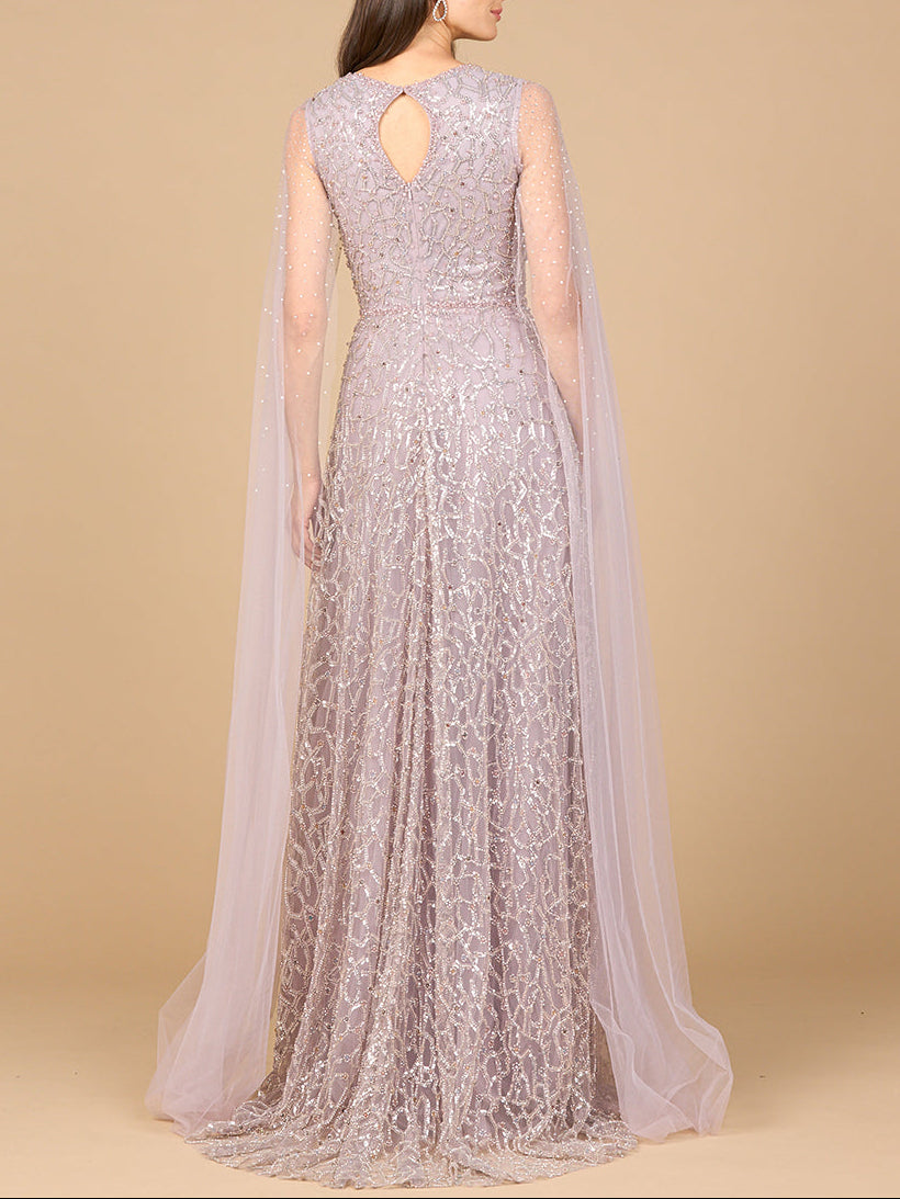 Beaded Lace Gown with Cape Sleeves - JUSTLUXURY