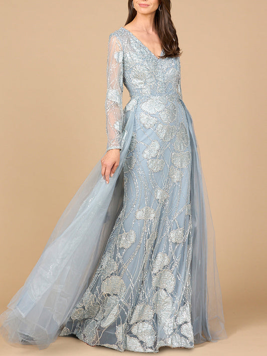 Long Sleeve Lace Gown with Overskirt - JUSTLUXURY