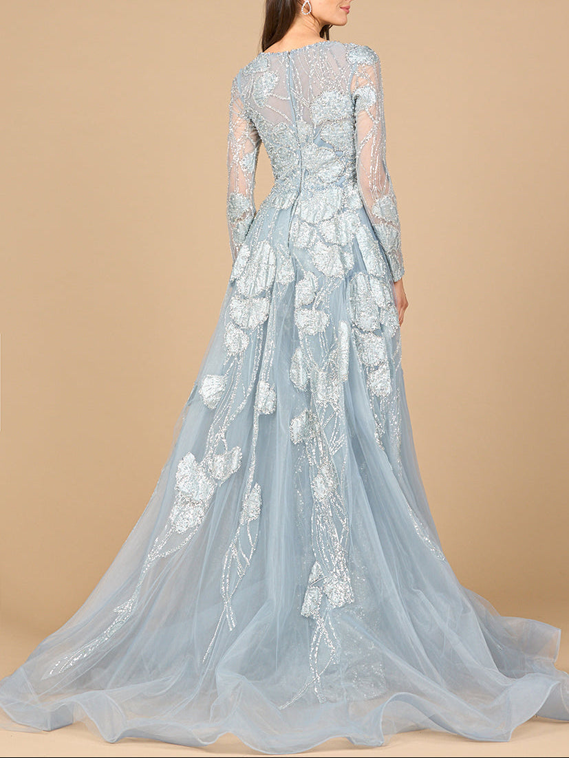 Long Sleeve Lace Gown with Overskirt - JUSTLUXURY