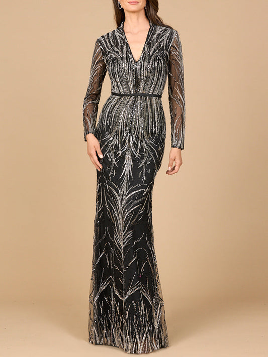 Mandarin V-Neck Gown with Long Sleeves - JUSTLUXURY