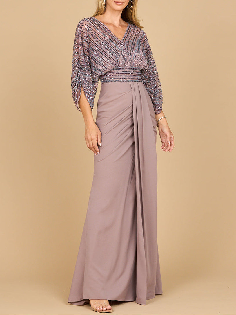 Lara 28950- Draped Skirt Gown with Cape Sleeves - JUSTLUXURY