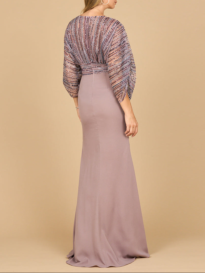 Lara 28950- Draped Skirt Gown with Cape Sleeves - JUSTLUXURY