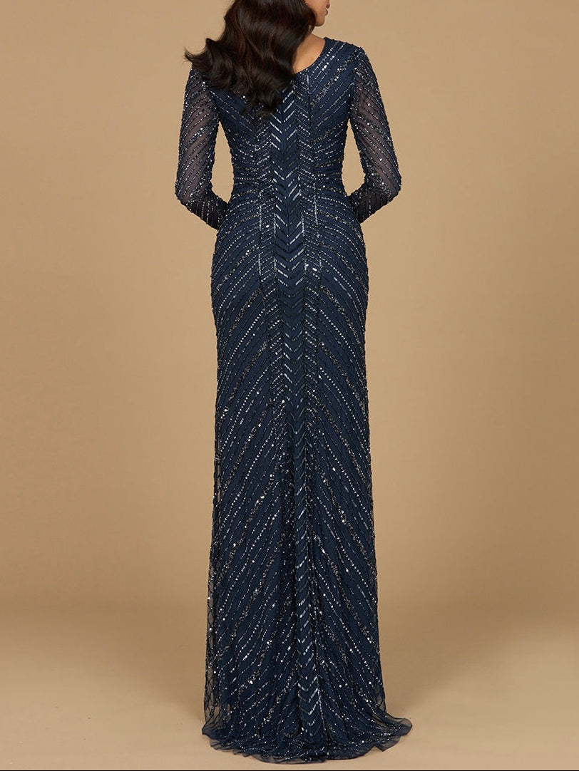 Long Sleeve Linear Focus Beaded Gown - JUSTLUXURY