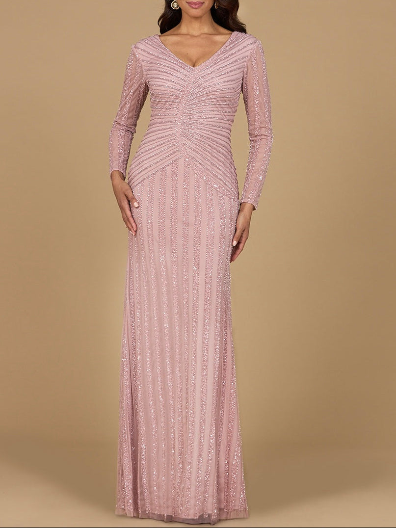 Long Sleeve Linear Beaded Gown - JUSTLUXURY
