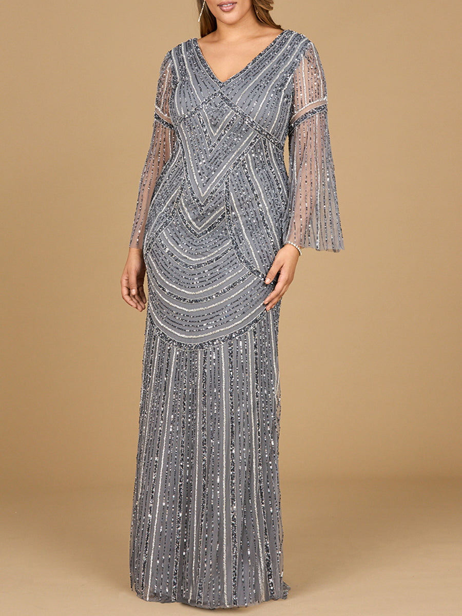 Long Sleeve Beaded Gown with Trumpet Sleeves - JUSTLUXURY
