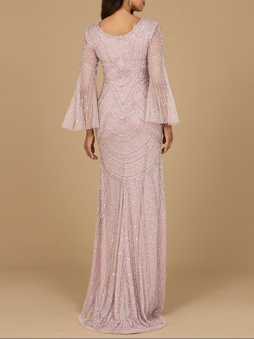 Long Sleeve Beaded Gown with Trumpet Sleeves - JUSTLUXURY