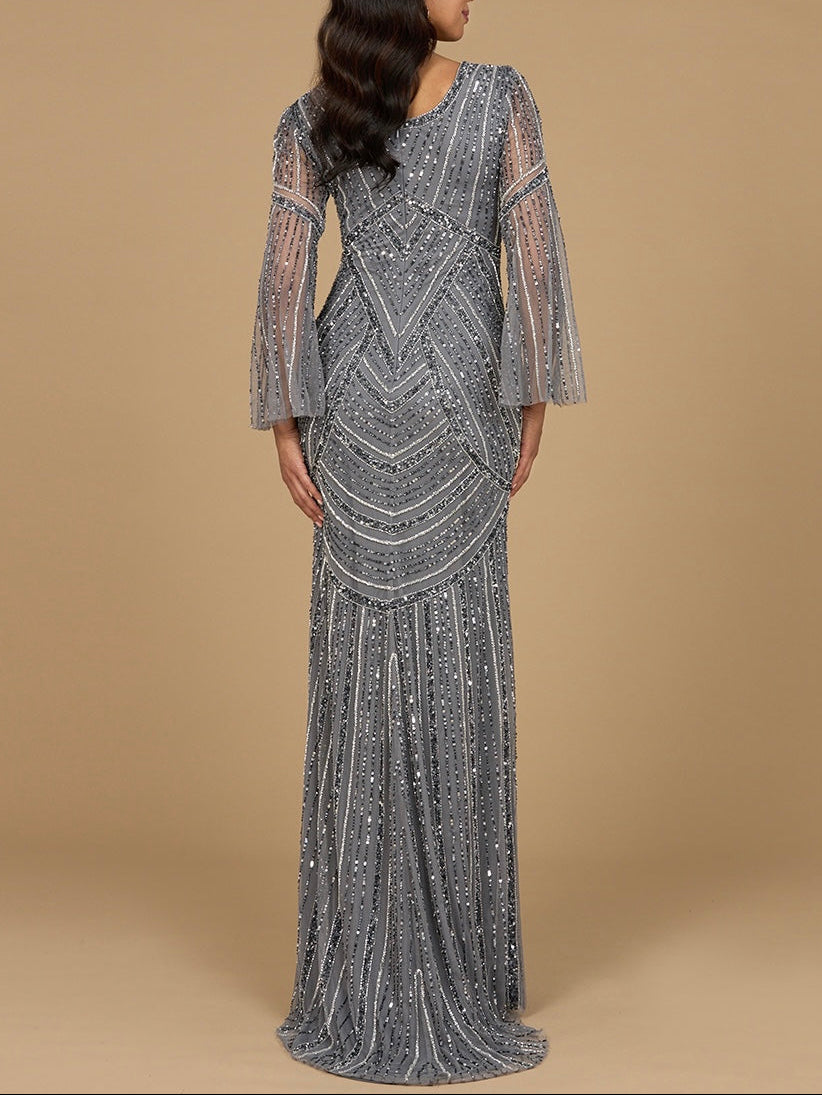 Long Sleeve Beaded Gown with Trumpet Sleeves - JUSTLUXURY
