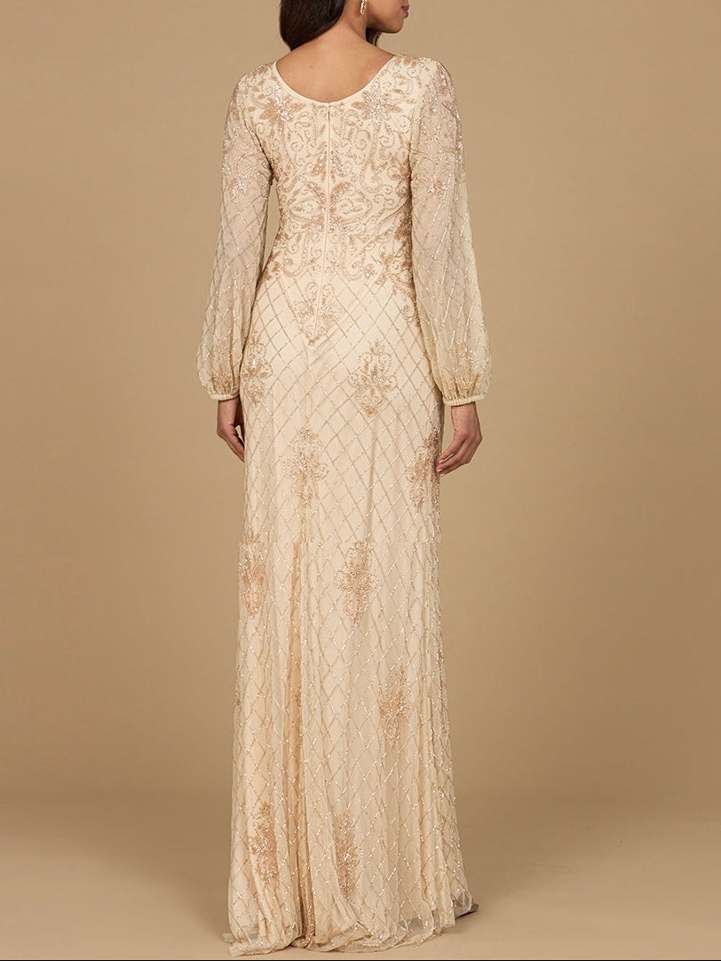 Long Sleeve Beaded Gown with Bishop Sleeves - JUSTLUXURY