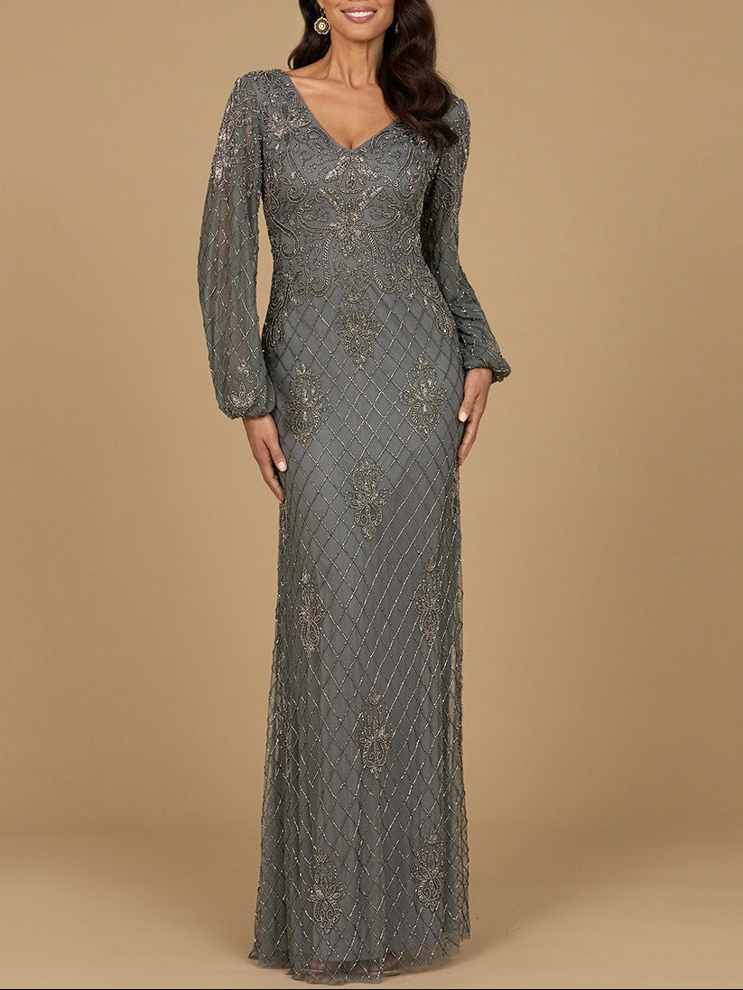 Long Sleeve Beaded Gown with Bishop Sleeves - JUSTLUXURY