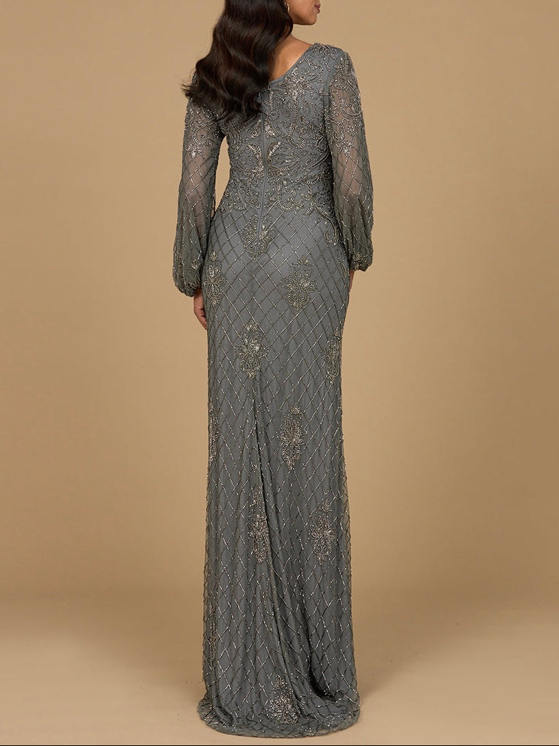 Long Sleeve Beaded Gown with Bishop Sleeves - JUSTLUXURY