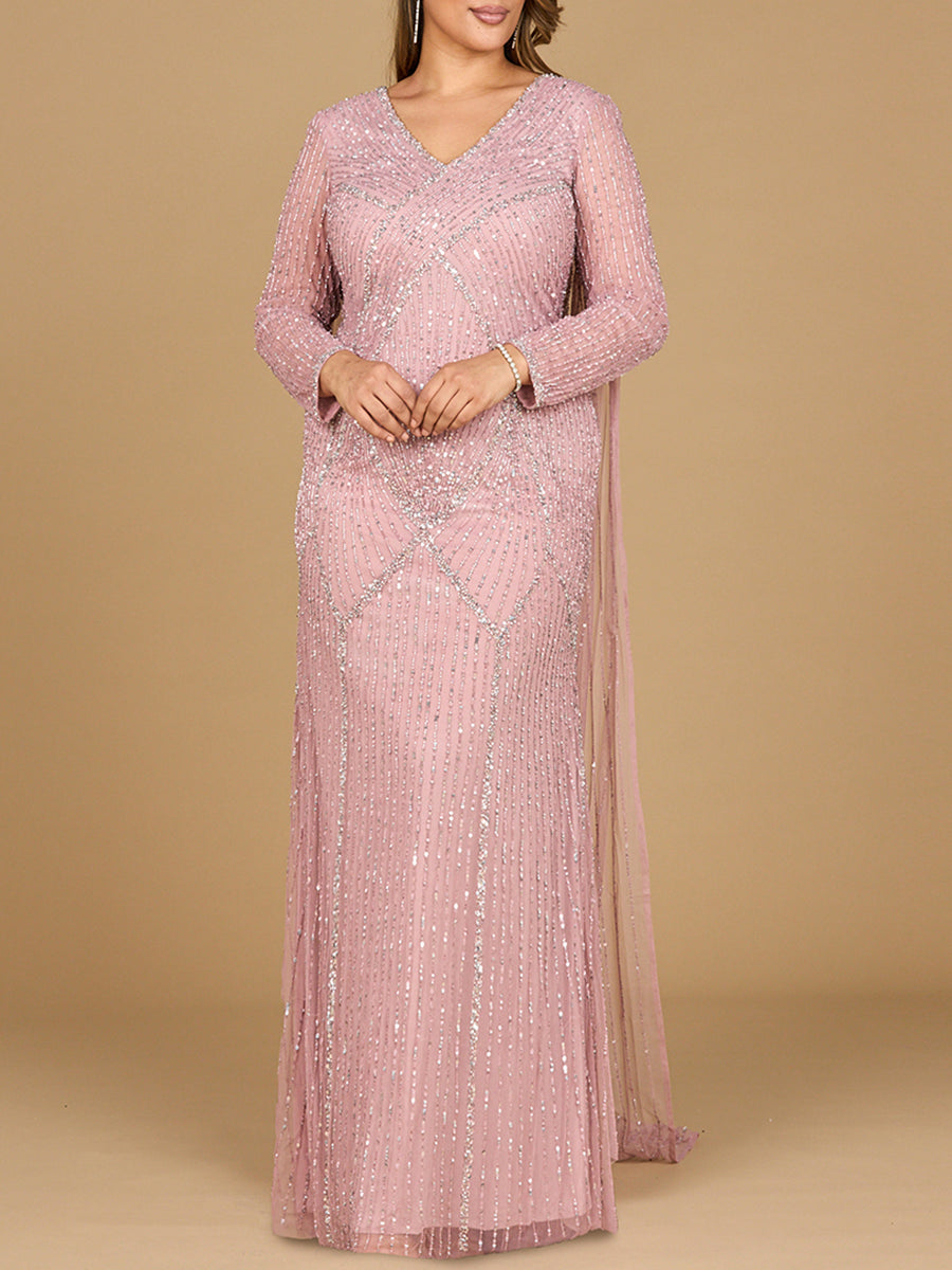 Long Sleeve Beaded Gown with Cape - JUSTLUXURY