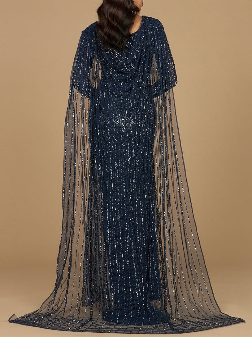 Long Sleeve Beaded Gown with Cape - JUSTLUXURY