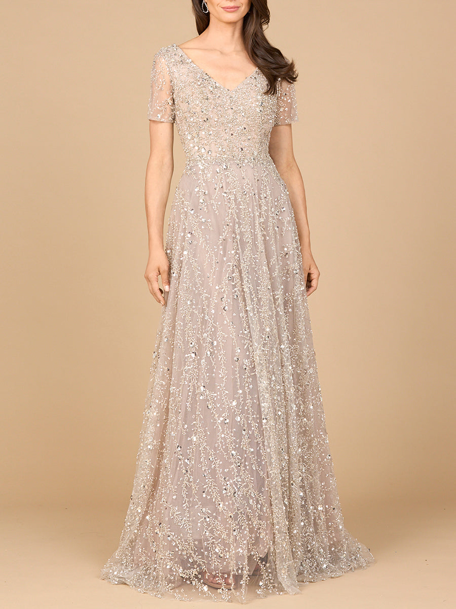 Short Sleeve V-Neck Beaded Ballgown - JUSTLUXURY