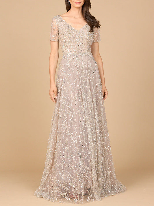 Short Sleeve V-Neck Beaded Ballgown - JUSTLUXURY