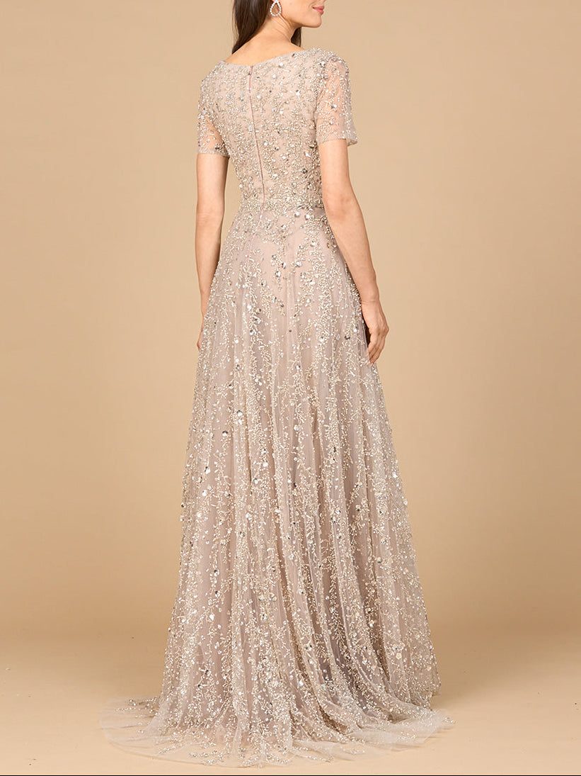 Short Sleeve V-Neck Beaded Ballgown - JUSTLUXURY