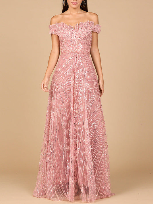 Off Shoulder Beaded Ballgown - JUSTLUXURY