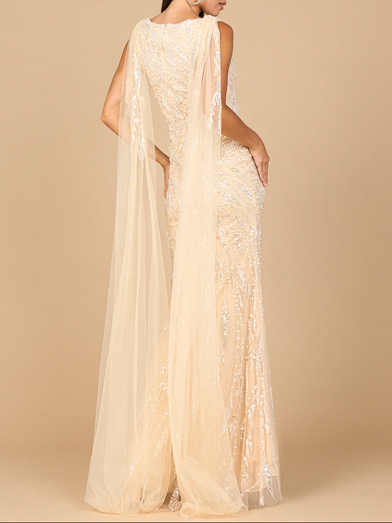 V-Neck Gown with Long Cape Sleeves - JUSTLUXURY