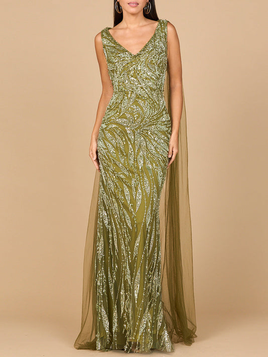 V-Neck Gown with Long Cape Sleeves - JUSTLUXURY