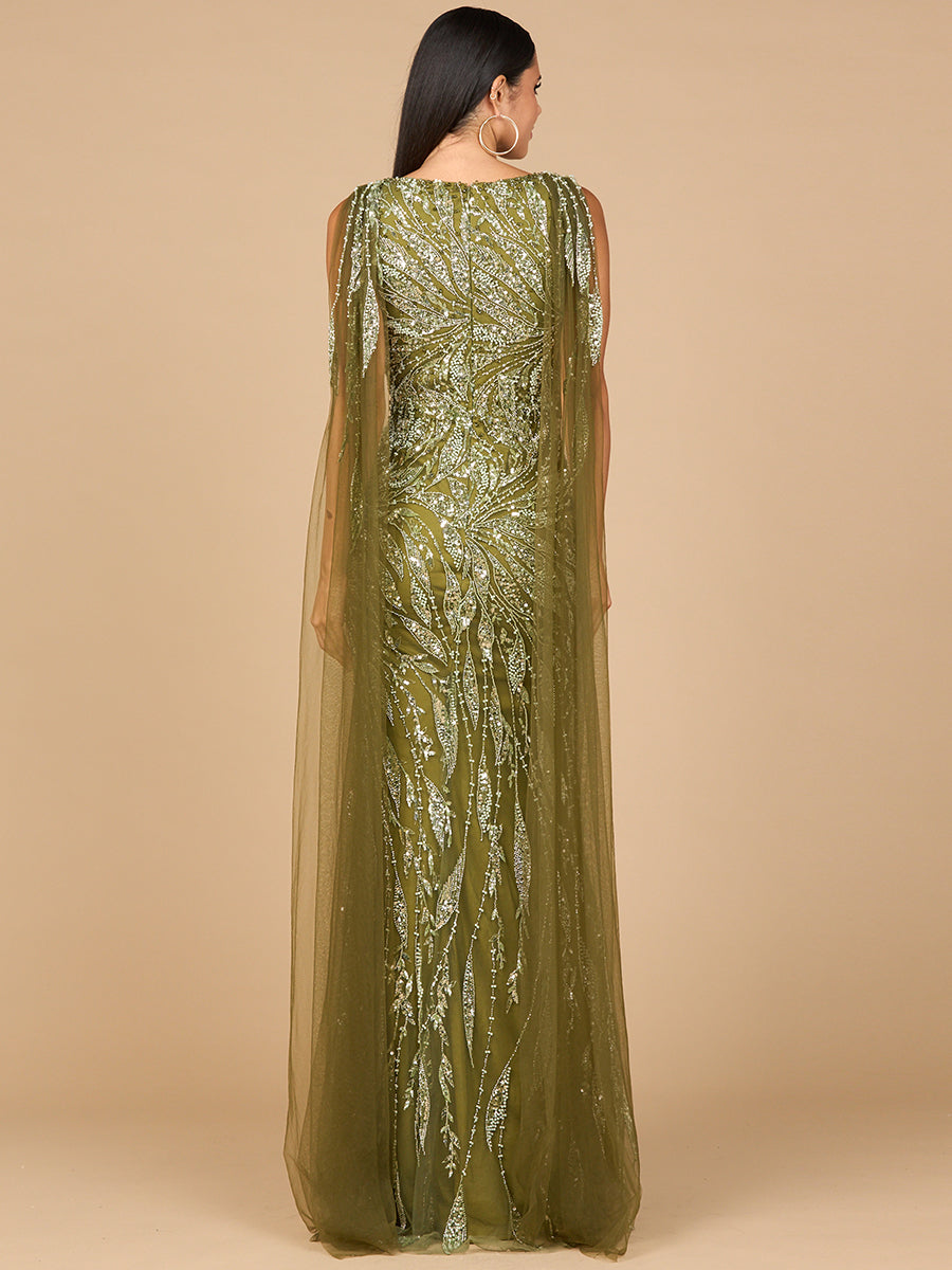 V-Neck Gown with Long Cape Sleeves - JUSTLUXURY