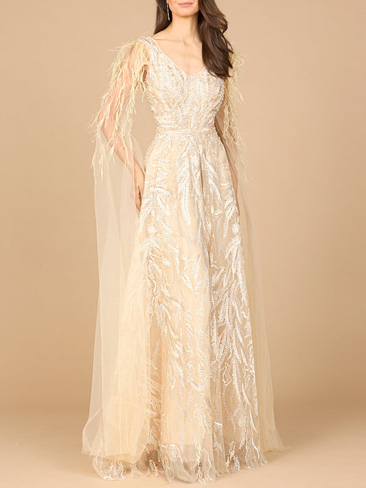 V-Neck Lace Gown with Cape Sleeves - JUSTLUXURY