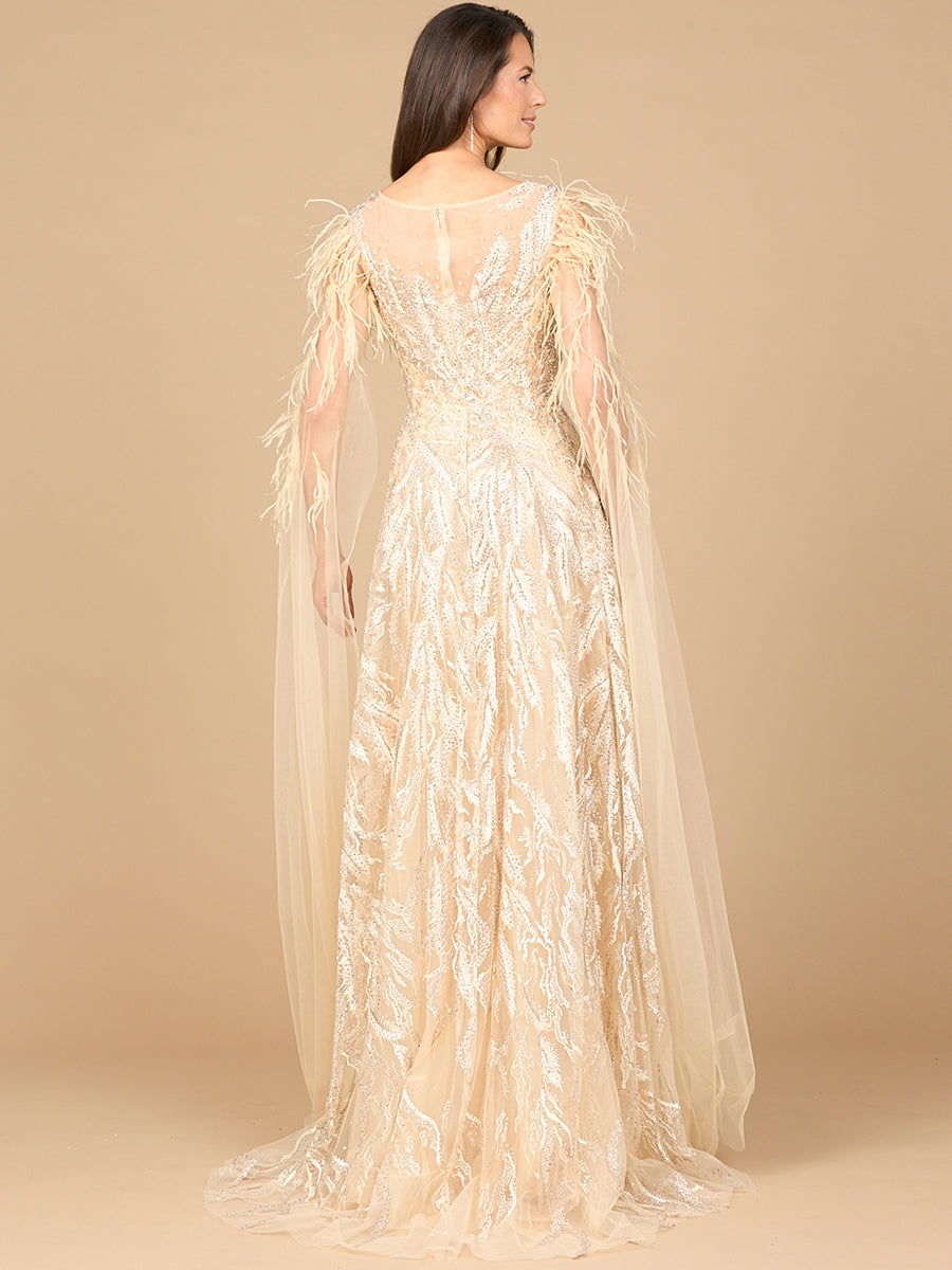 V-Neck Lace Gown with Cape Sleeves - JUSTLUXURY