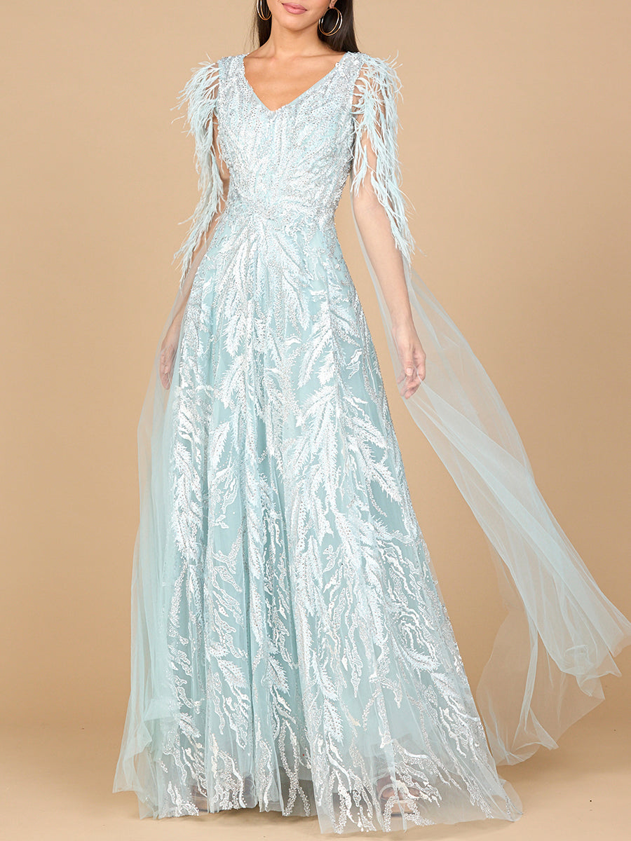 V-Neck Lace Gown with Cape Sleeves - JUSTLUXURY