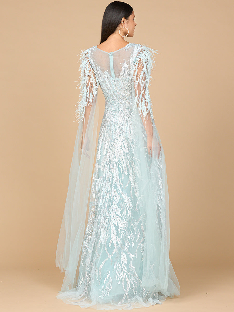 V-Neck Lace Gown with Cape Sleeves - JUSTLUXURY
