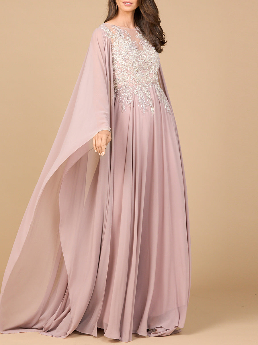 Chiffon A-line Long Gown with Cape Sleeves - JUSTLUXURY