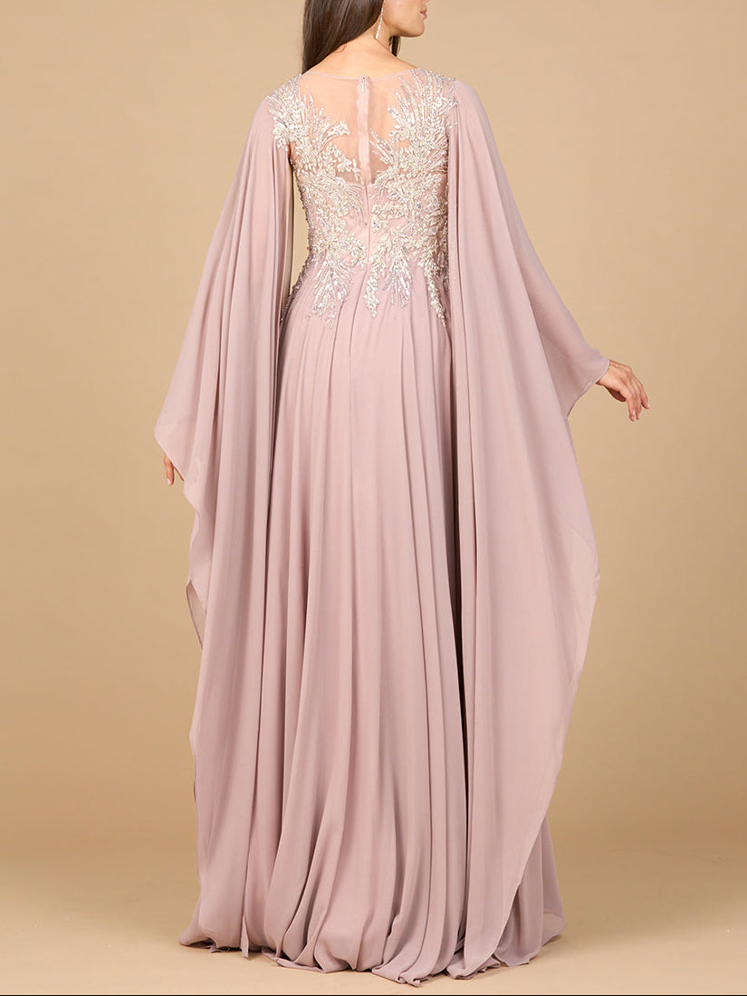 Chiffon A-line Long Gown with Cape Sleeves - JUSTLUXURY