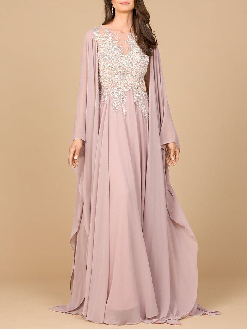 Chiffon A-line Long Gown with Cape Sleeves - JUSTLUXURY