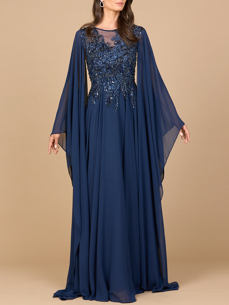 Chiffon A-line Long Gown with Cape Sleeves - JUSTLUXURY