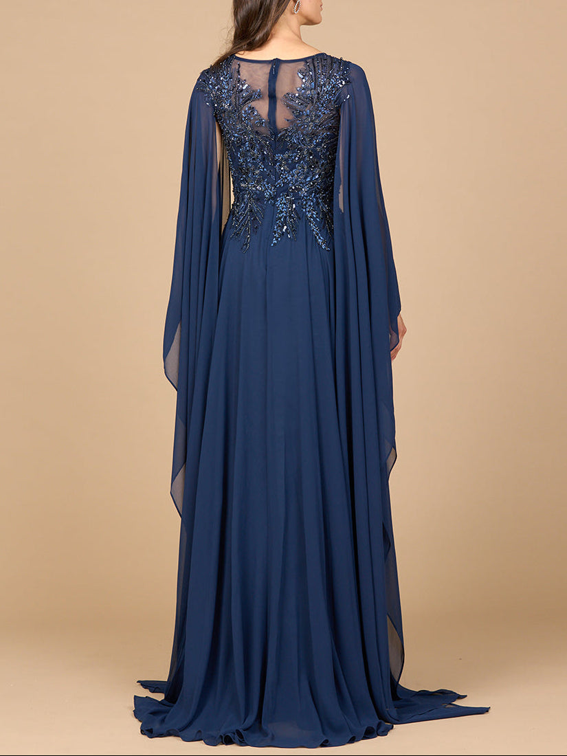Chiffon A-line Long Gown with Cape Sleeves - JUSTLUXURY
