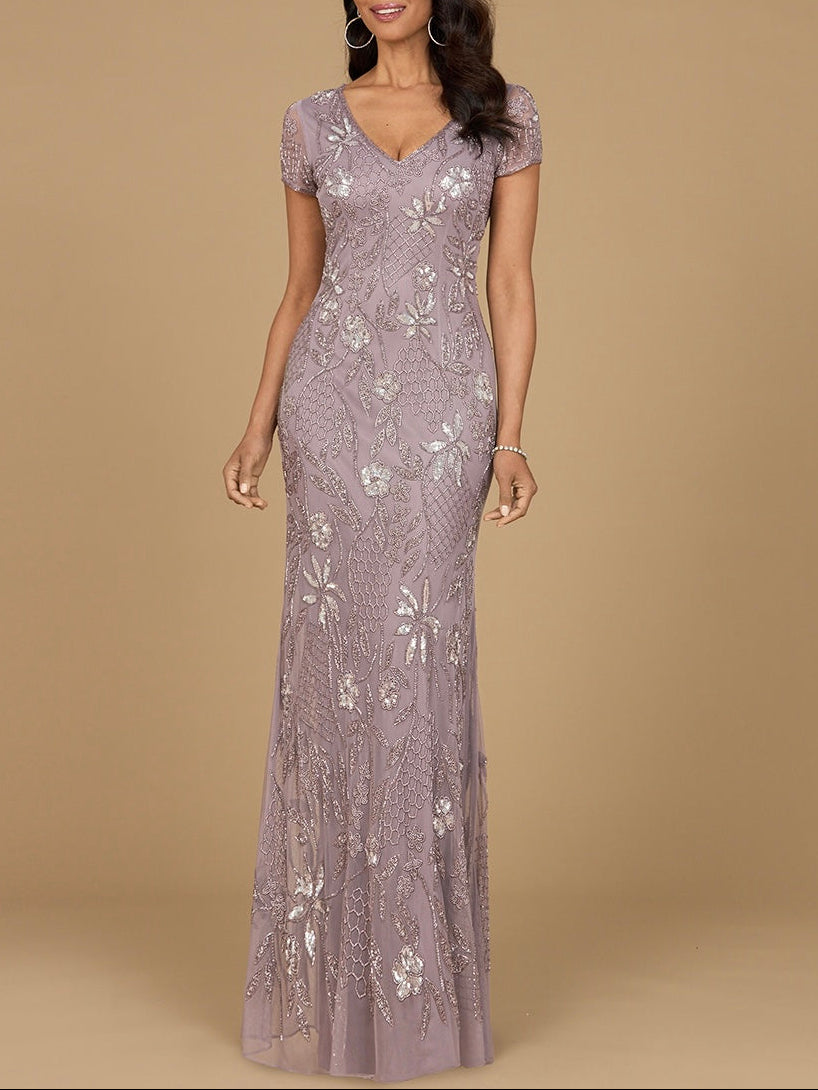 V-Neck, Short Sleeve Beaded Gown - JUSTLUXURY