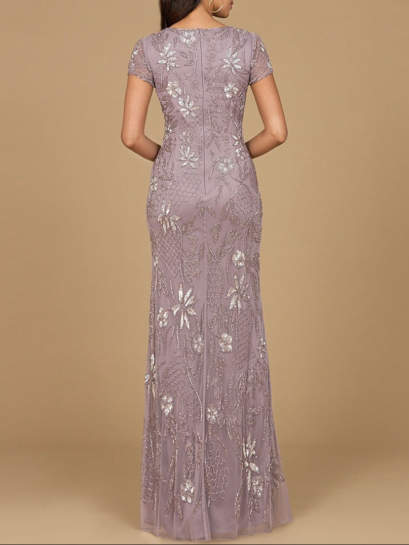 V-Neck, Short Sleeve Beaded Gown - JUSTLUXURY