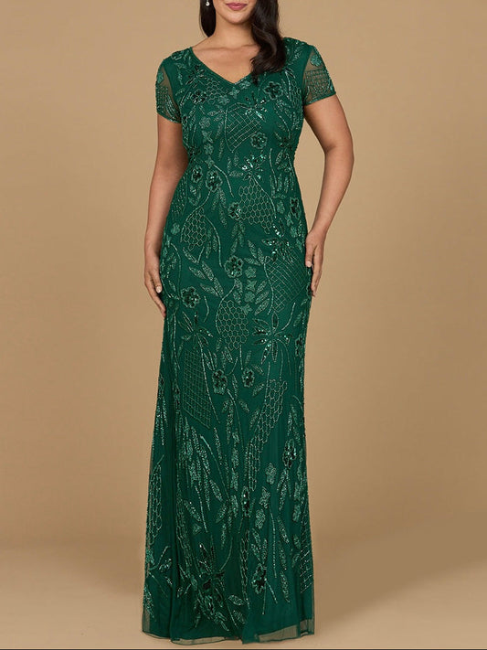 V-Neck, Short Sleeve Beaded Gown - JUSTLUXURY