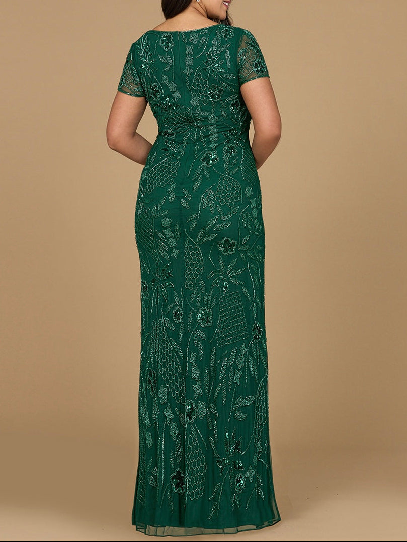 V-Neck, Short Sleeve Beaded Gown - JUSTLUXURY