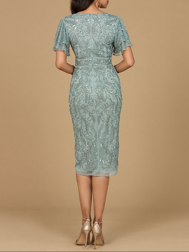 Beaded Midi Dress with Cape Sleeves - JUSTLUXURY