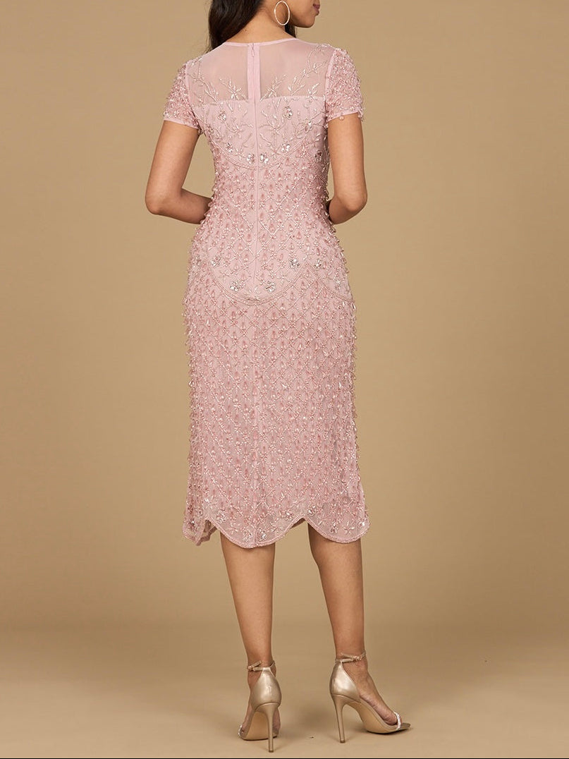 Beaded Midi Dress with Cap Sleeves - JUSTLUXURY