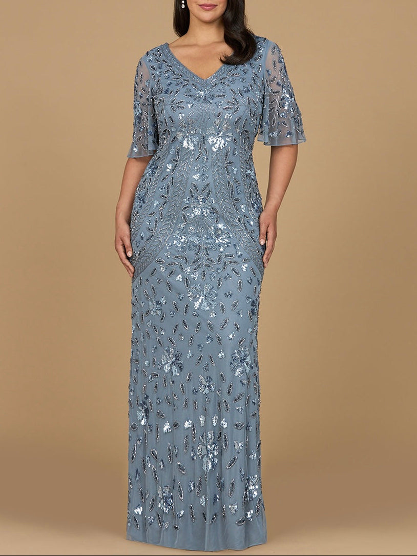 V-Neck, Cape Sleeve Beaded Gown - JUSTLUXURY