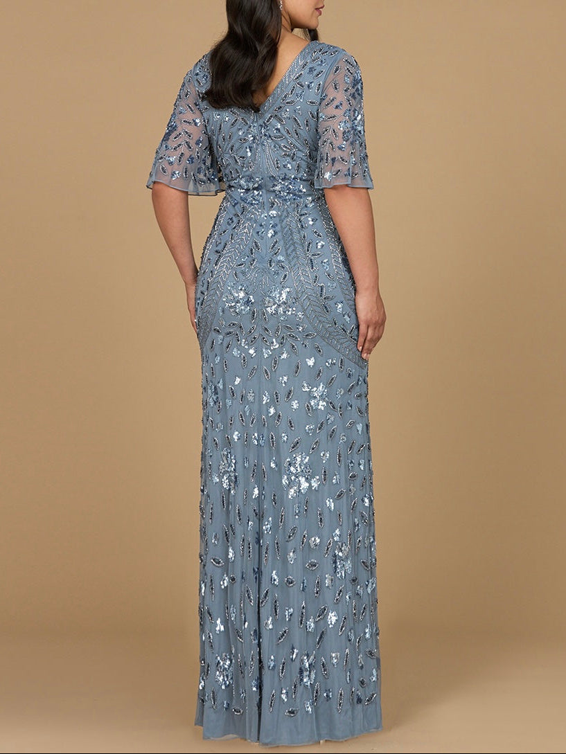 V-Neck, Cape Sleeve Beaded Gown - JUSTLUXURY